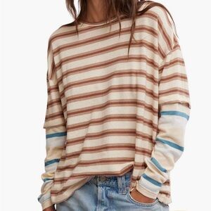 Free People Striped Long Sleeve Top - Cream and Brown